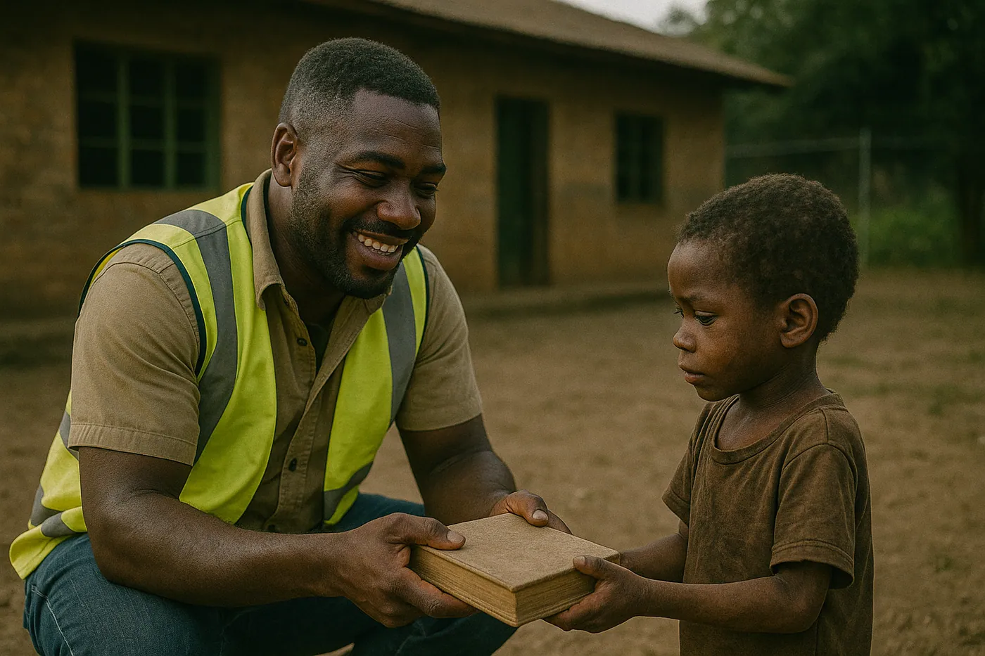A volunteer handing school supplies to a student in Nigeria