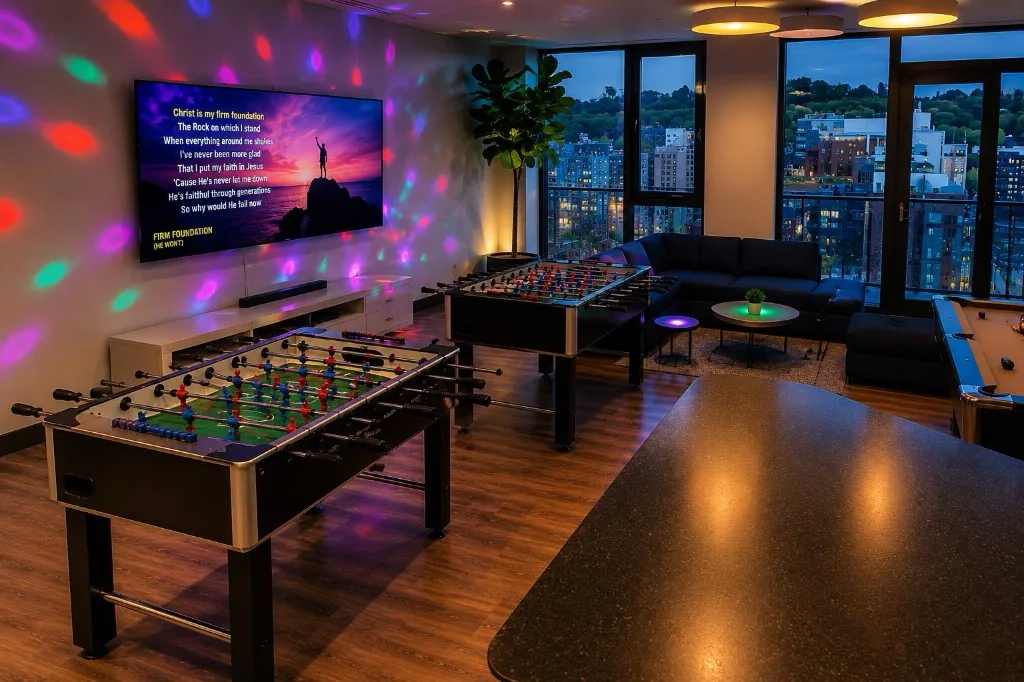 Indoor games lounge with foosball, karaoke, pool table, and a city view through floor-to-ceiling windows